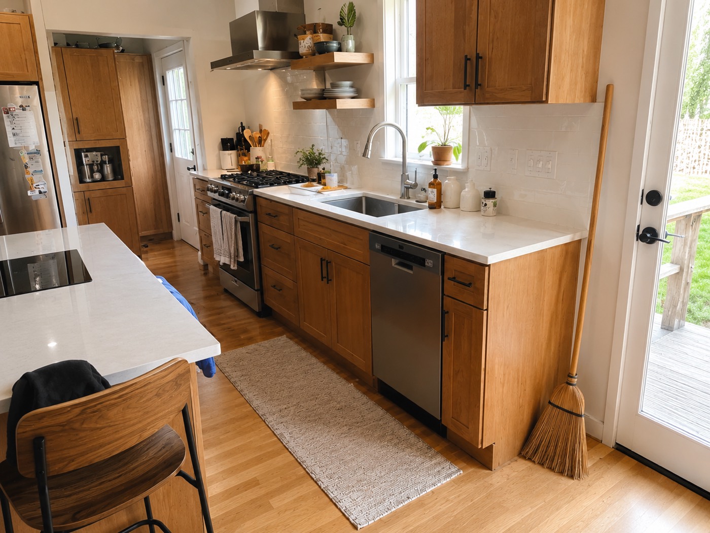 Kitchen cleaning tools and broom in a tidy kitchen